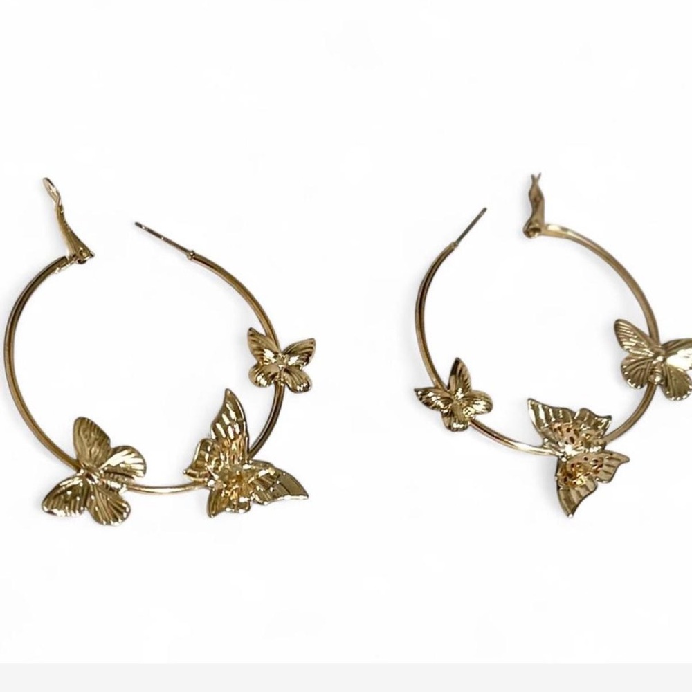 Whimsical Gold Tone Butterfly Charm Hoop Earrings 2.5 Inches